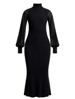 Best Robe Midi A Manches Haute Noire Cuello Occasionnel