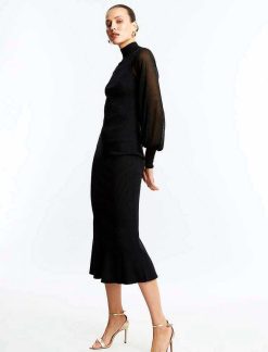 Best Robe Midi A Manches Haute Noire Cuello Occasionnel