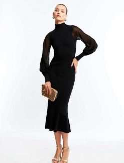 Best Robe Midi A Manches Haute Noire Cuello Occasionnel