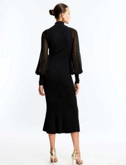 Best Robe Midi A Manches Haute Noire Cuello Occasionnel